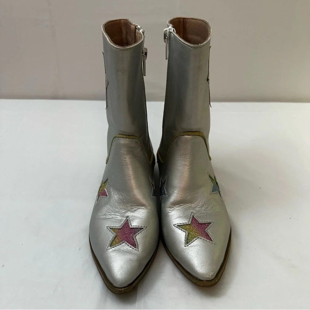 Lola + The Boys Kids Silver Metallic Rainbow Glitter Star Cowboy Boots‎ Size 31